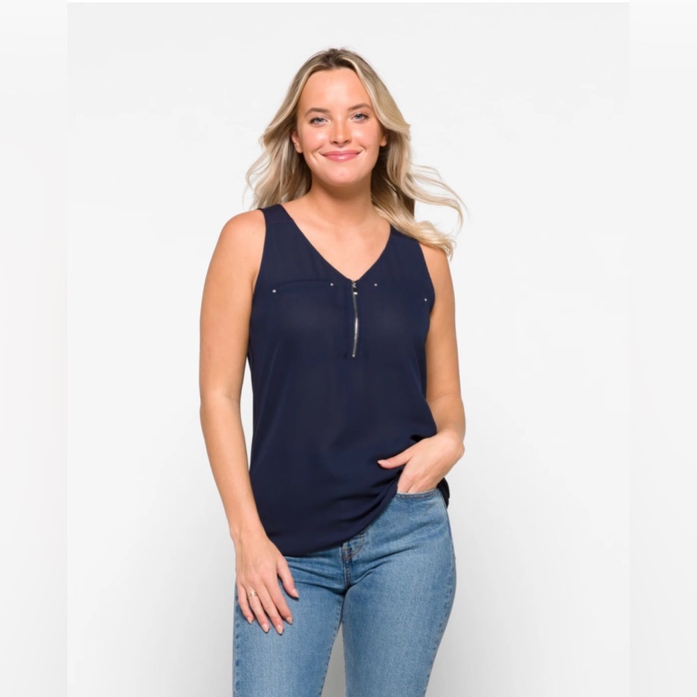 FORTUNE + IVY
Lighton Zip Detail Mixed Material Blouse, Navy